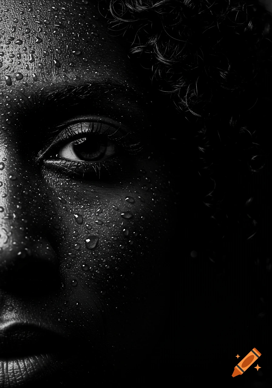 High contrast black and white close-up portrait of a person's face with water droplets, focusing on one eye and curly hair.