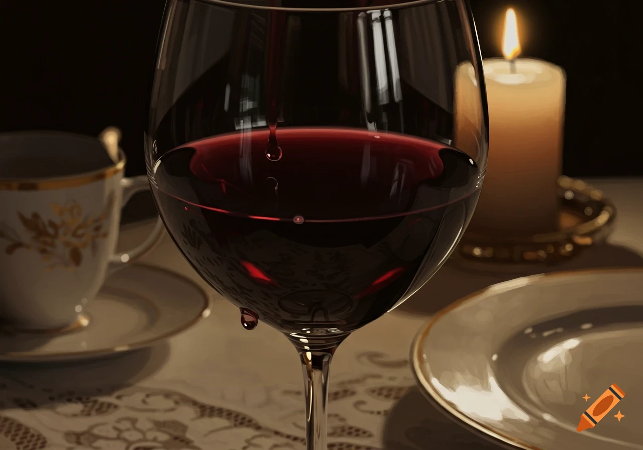 Photorealistic close-up of a glass of red wine with a dripping droplet, a lit candle, and a teacup in the background.