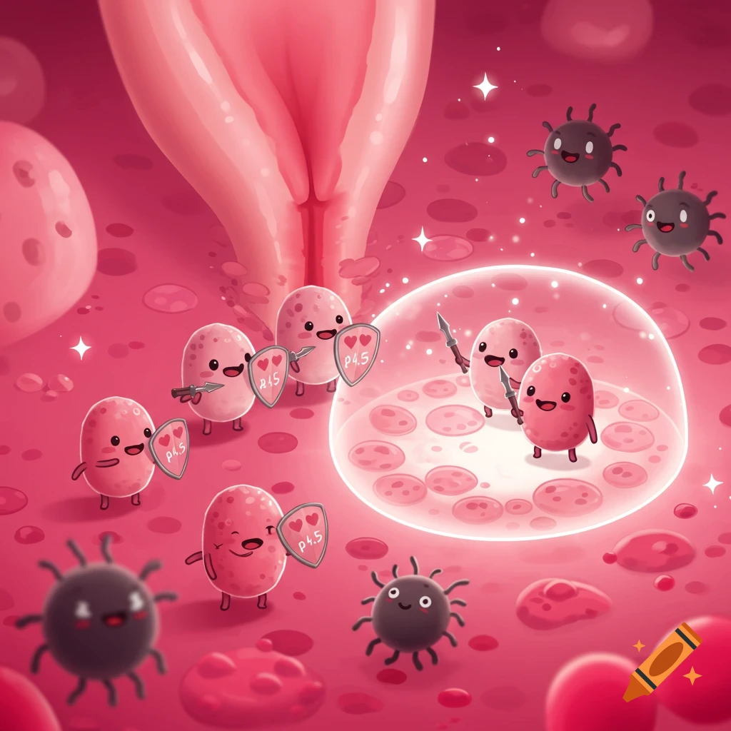 Smiling cartoon lactobacilli soldiers with shields defend a pink internal body environment from dark microbes.