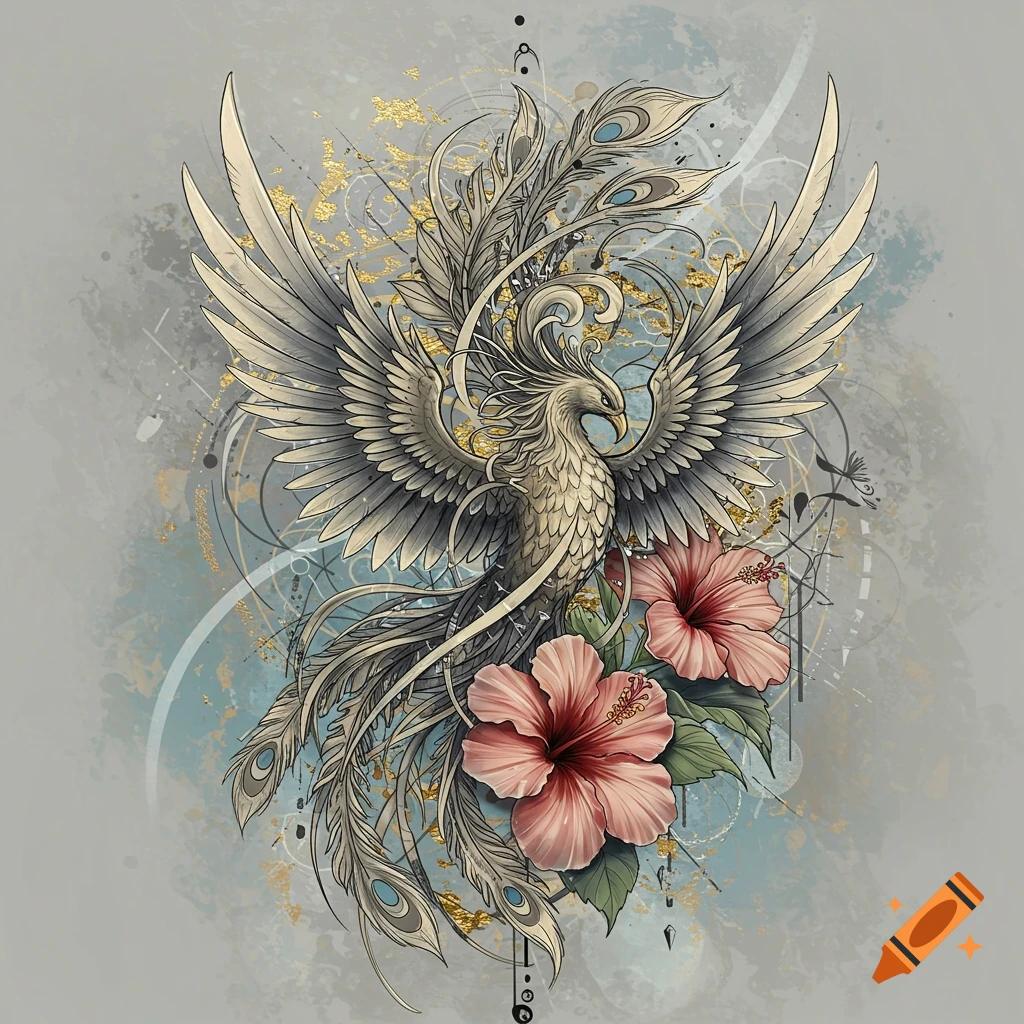 A detailed illustration of a phoenix with outstretched wings and a long tail, adorned with pink hibiscus flowers, in a tattoo art style.