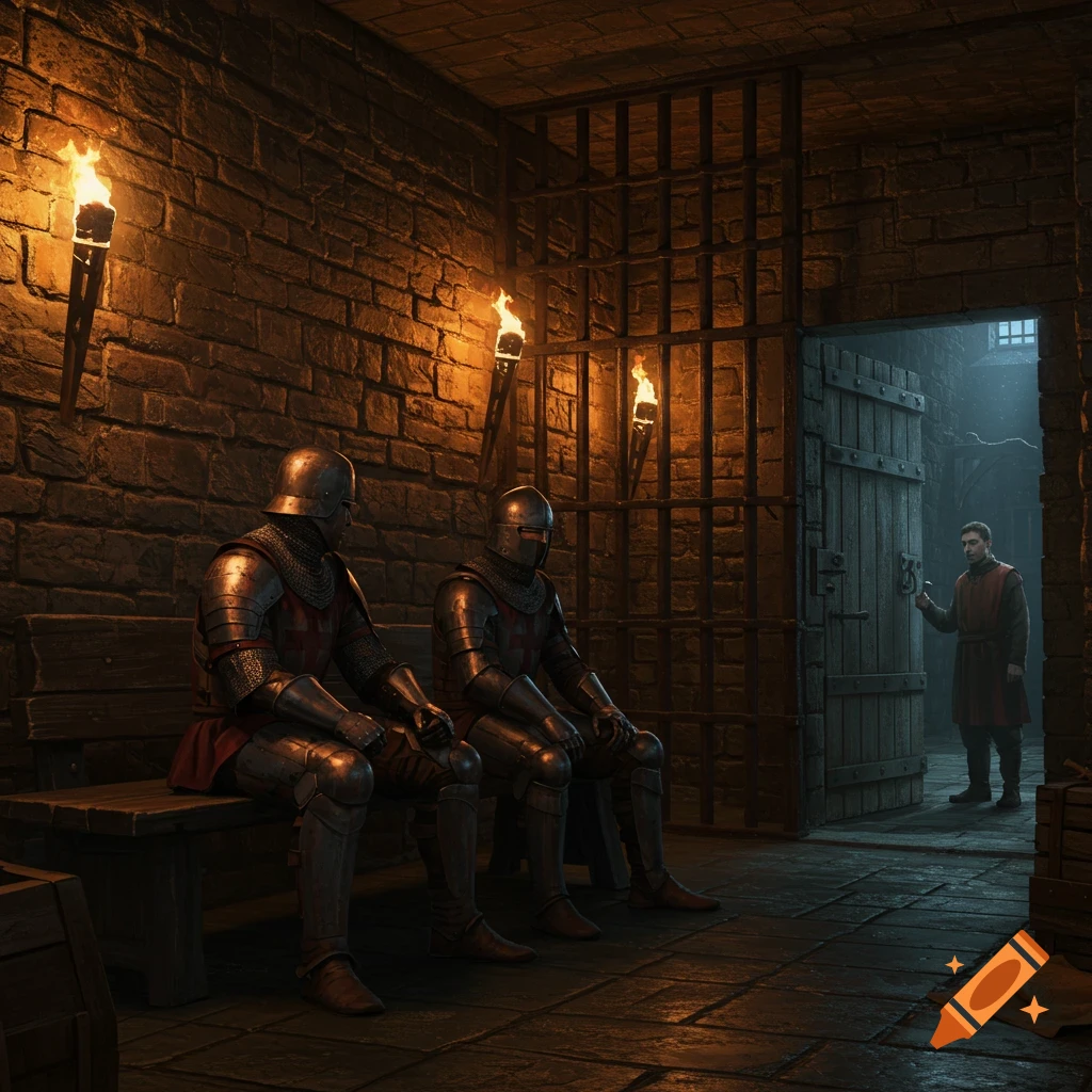 Two armored soldiers sit in a torch-lit medieval dungeon cell, a man stands by the barred door.