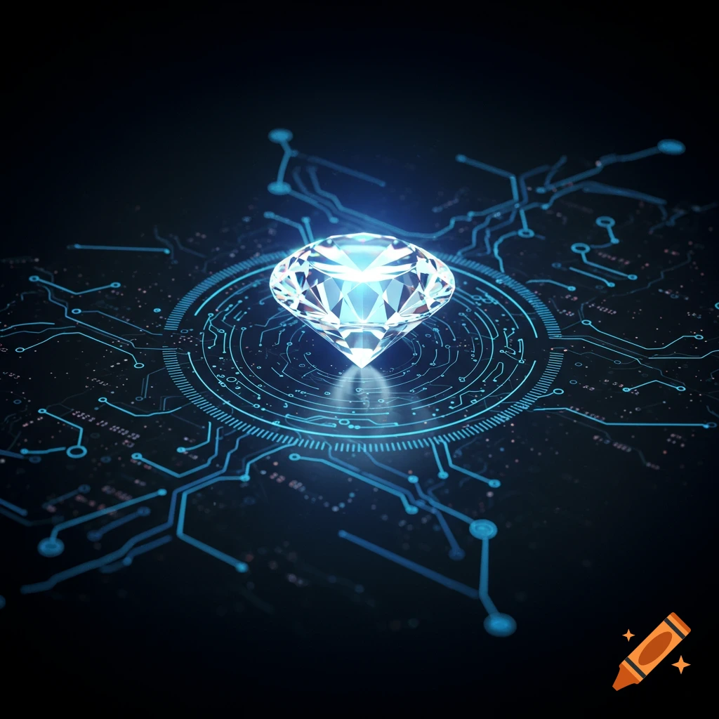 A brilliant, glowing diamond rests at the center of a blue illuminated circuit board with intricate digital patterns and light particles.