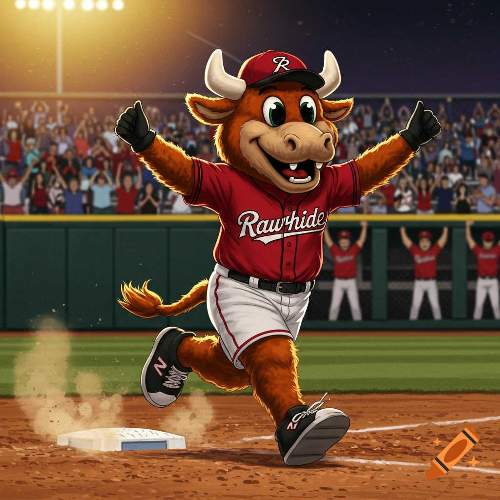 A cartoon bull mascot in a red baseball uniform rounds a base on a dirt field with a stadium crowd behind him.