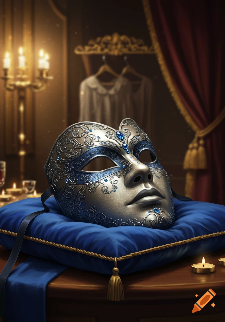 Ornate silver and blue masquerade mask on a royal blue velvet pillow in an opulent, candlelit room, photorealistic style.