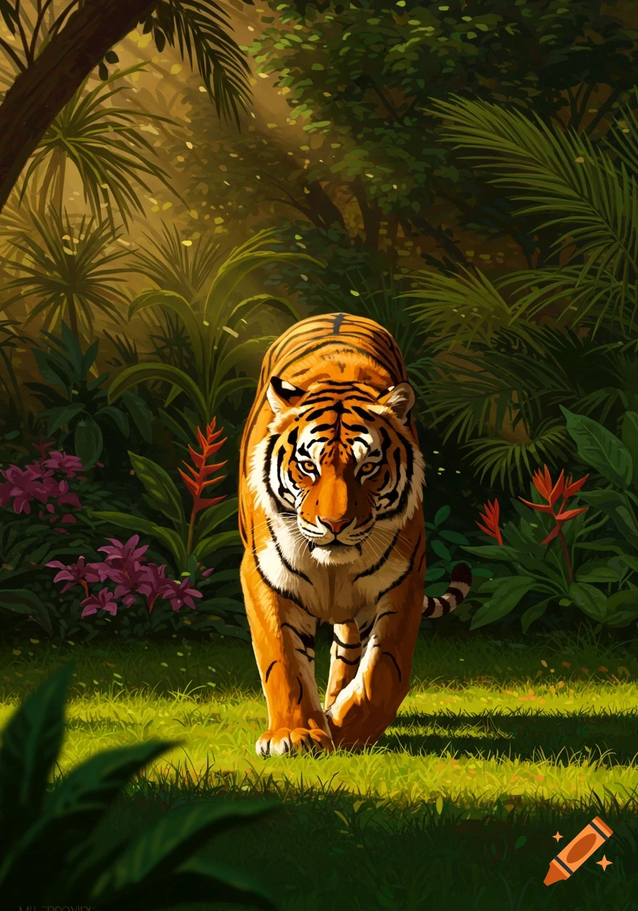 A vibrant illustration of a tiger walking forward through a lush, sun-dappled jungle.