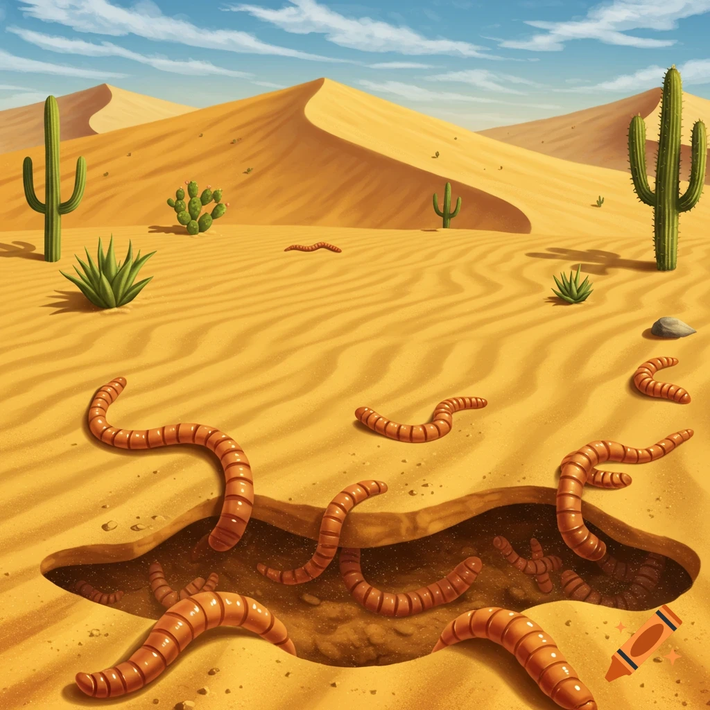 Illustration of earthworms emerging from a hole in a sandy desert with cacti and dunes under a blue sky.
