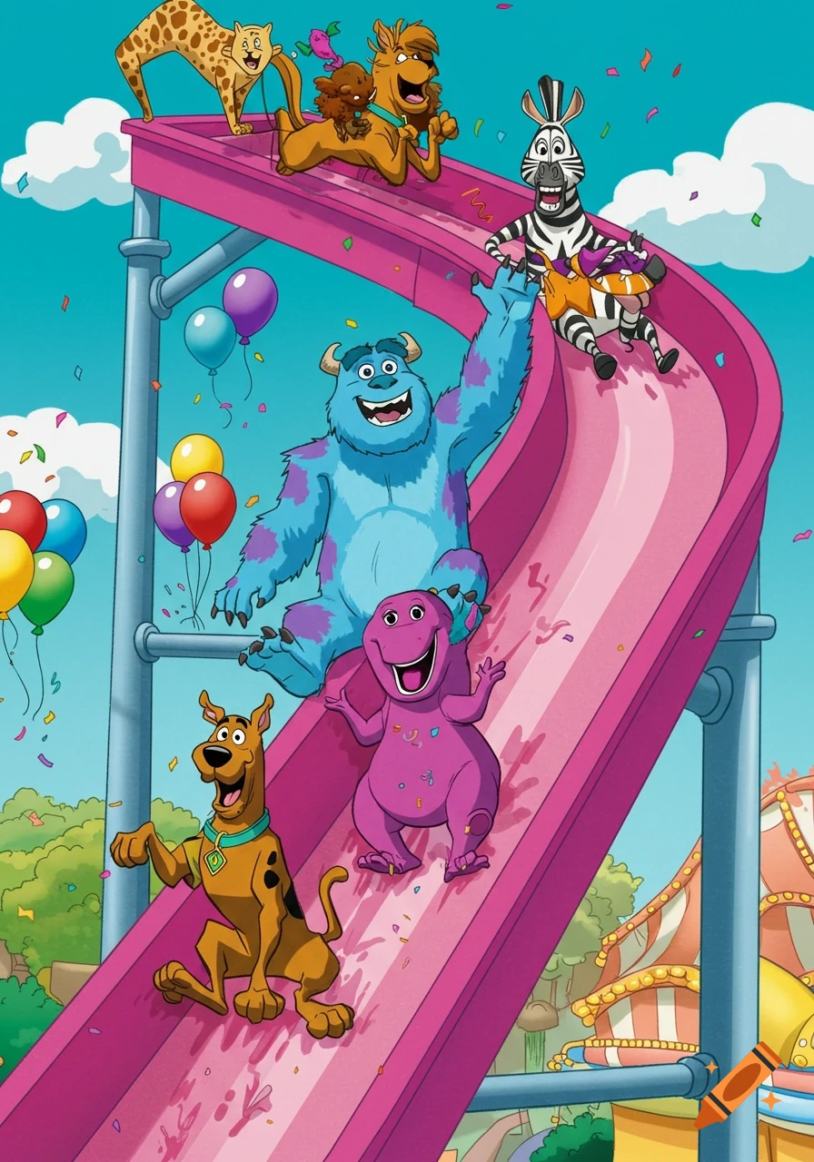 Scooby-Doo, Barney, Sully, and Marty the zebra joyfully slide down a large magenta slide with balloons and confetti in a vibrant cartoon style.