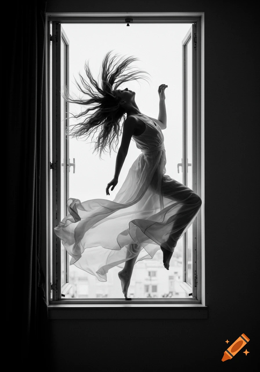 Black and white photo of a woman with long hair floating in an open ...
