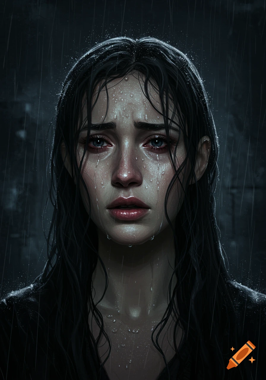 Digital painting of a sad woman with wet dark hair and water-streaked face crying in heavy rain, her eyes red-rimmed.