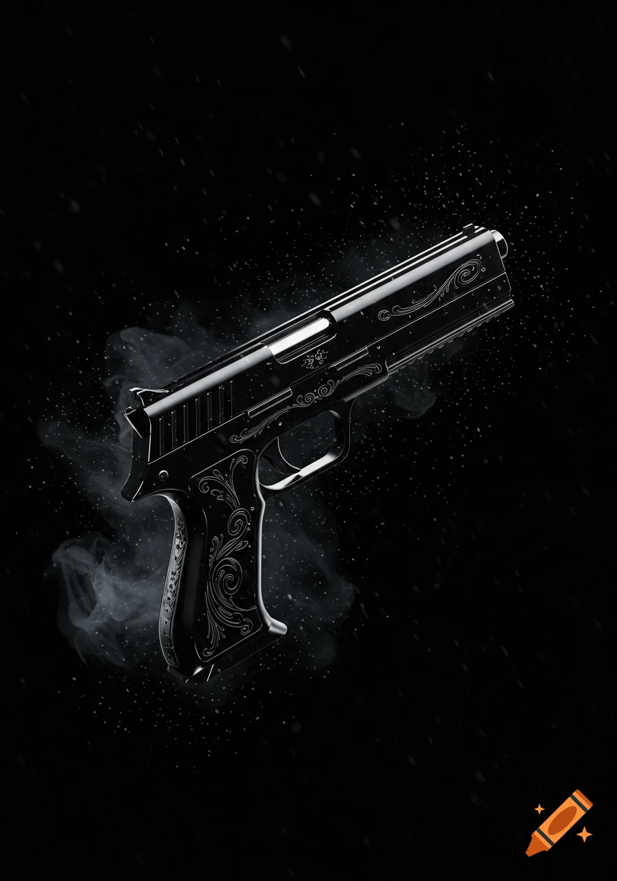 A photorealistic black handgun with intricate silver engravings floats against a dark background with dust and smoke.