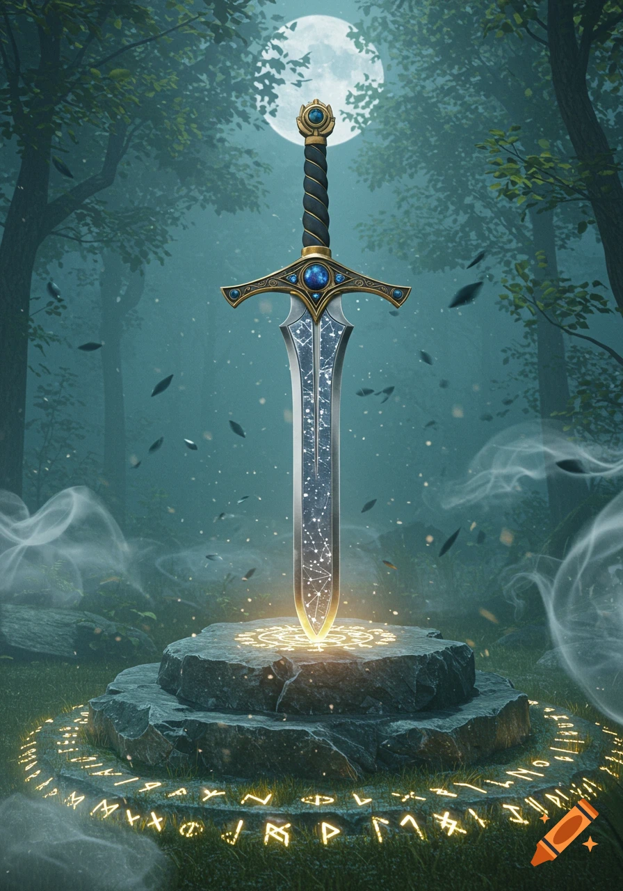 An ornate, glowing sword with a star-patterned blade stands in a stone pedestal with glowing runes in a misty, moonlit forest.