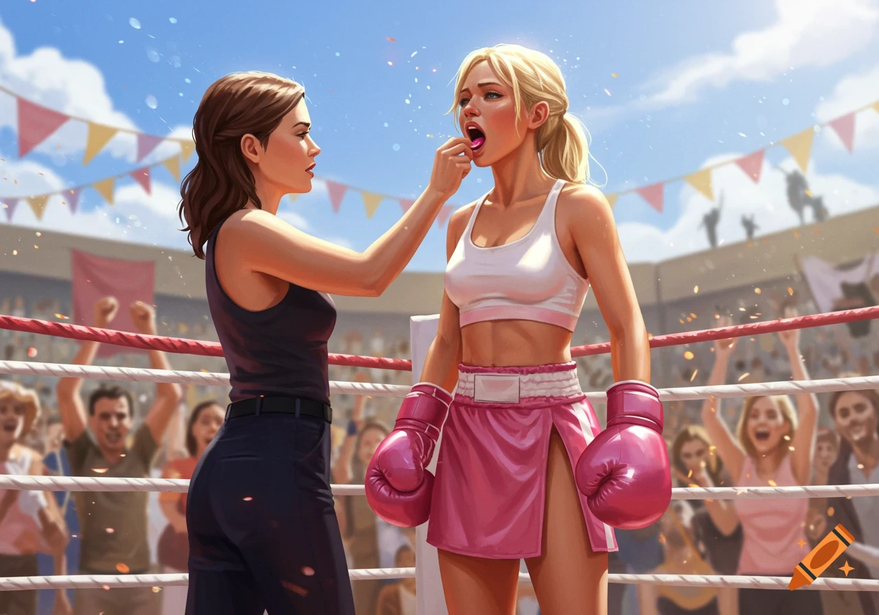 A woman puts a pink mouthpiece into a blonde boxer's open mouth in a vibrant outdoor boxing ring, digital art.