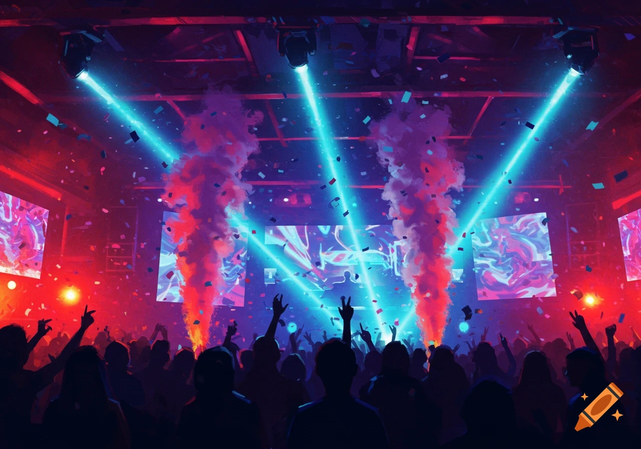A vibrant nightclub scene with a silhouetted crowd raising hands under bright blue and red laser lights, smoke, and falling confetti.