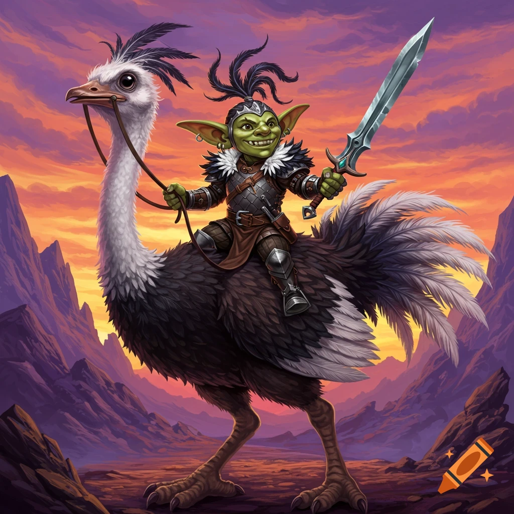 A smiling goblin warrior in armor rides a giant ostrich, holding a sword, in a vibrant fantasy landscape with a colorful sunset.