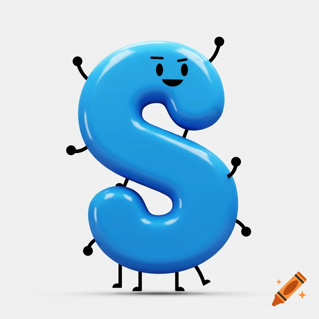 A shiny blue letter S with black stickman limbs and a simple cartoon face, set against a plain white background.