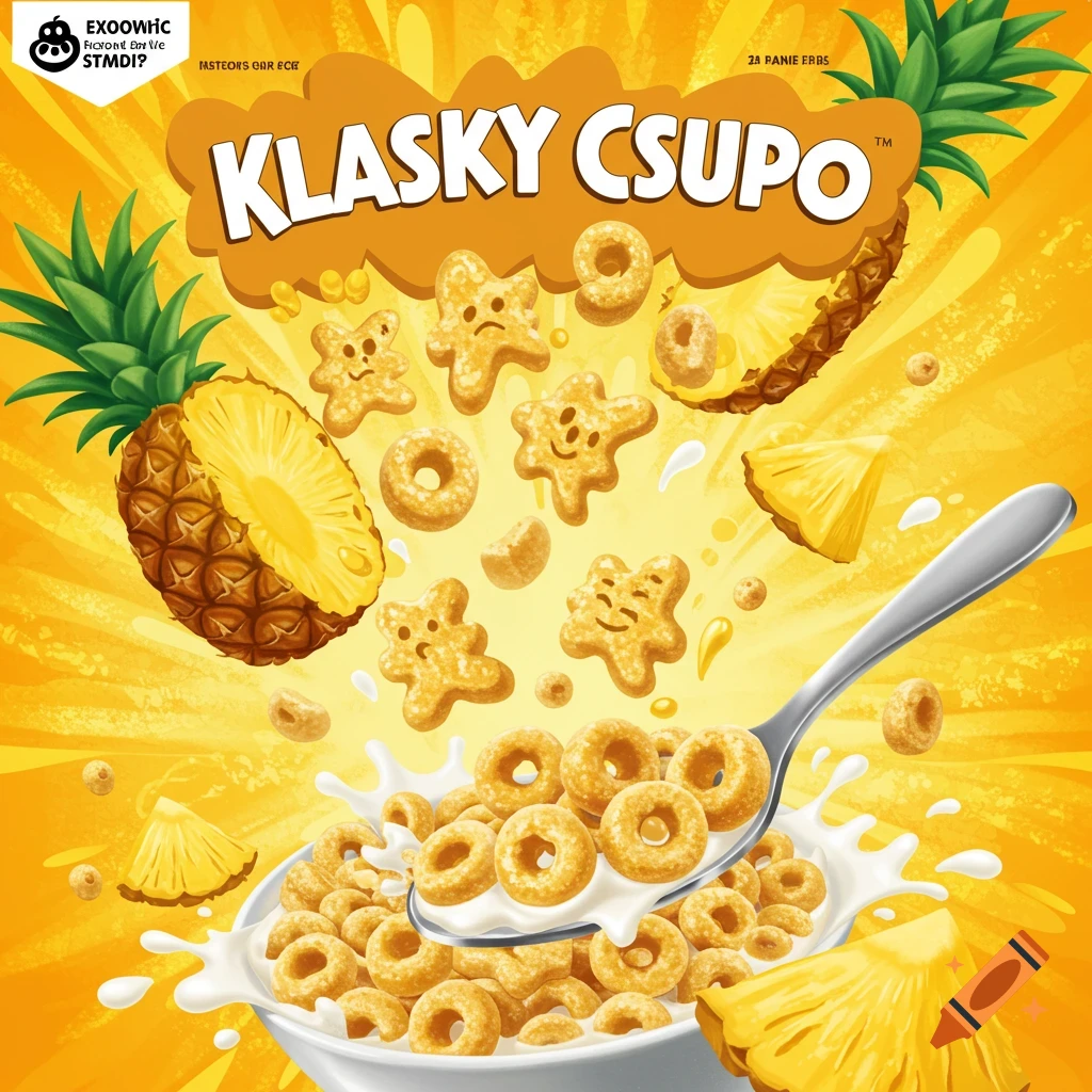 A vibrant yellow-orange cereal box illustration featuring pineapples and a white bowl of ring-shaped and star-shaped cereal with milk and a spoon. The cereal box title reads "KLASKY CSUPÒ".