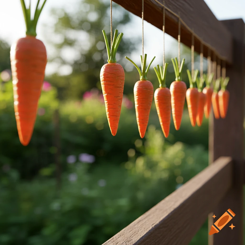 Several plastic carrots with green tops hang from a wooden beam outdoors, with a blurred green garden background.