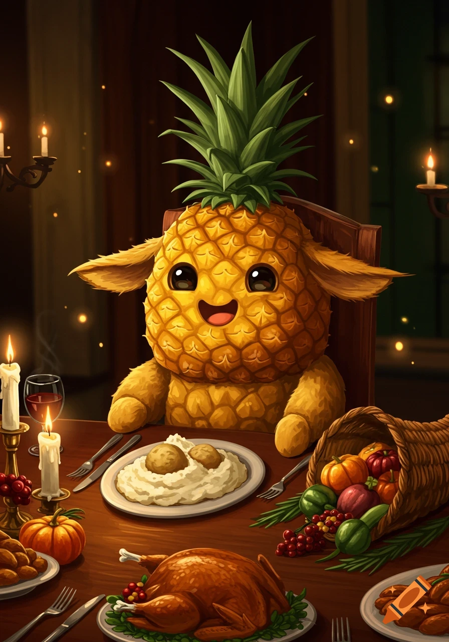 A cute, smiling pineapple creature with ears sits at a lavish Thanksgiving dinner table, surrounded by turkey, mashed potatoes, and lit candles.
