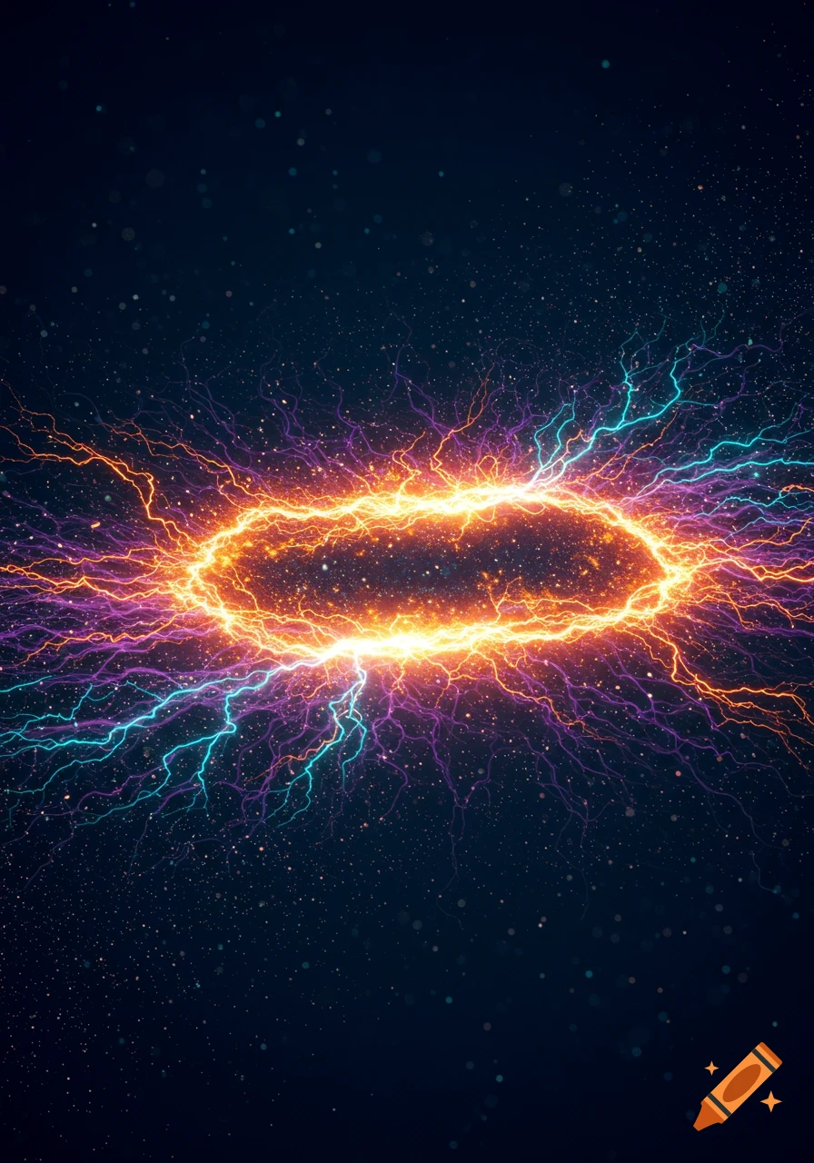 An oval of intense orange light with purple, blue, and orange lightning radiating outward on a dark, star-filled background.