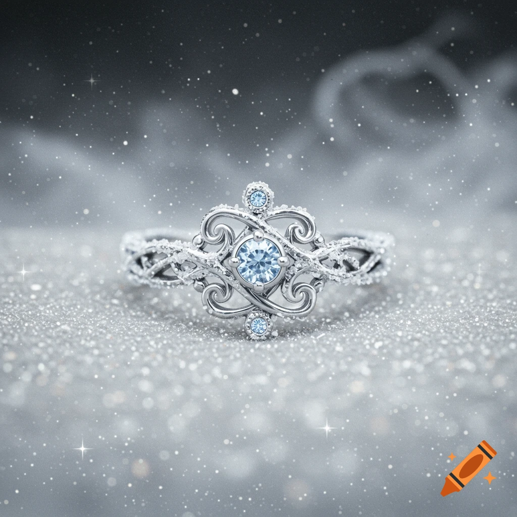 A detailed silver engagement ring with a light blue gemstone and intricate scrolls on a sparkling, frosted surface.