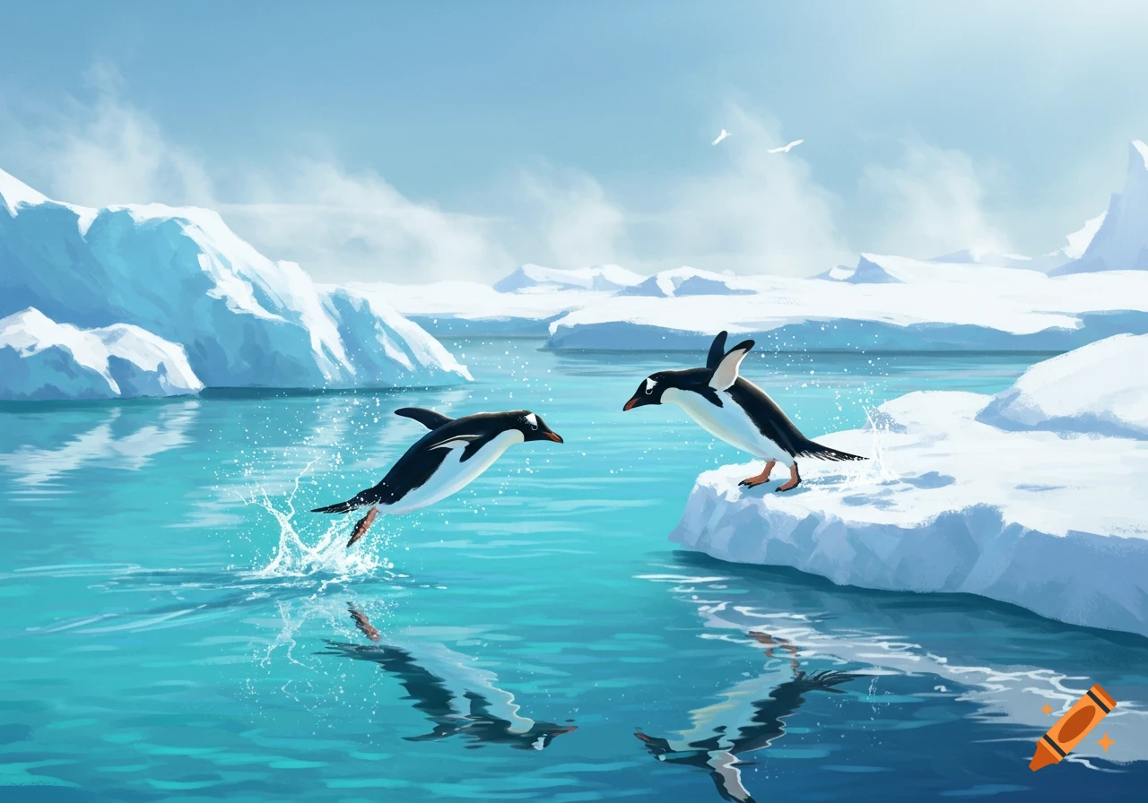 An illustration of a penguin leaping from vibrant blue arctic water, splashing, while another stands on a snowy ice floe.