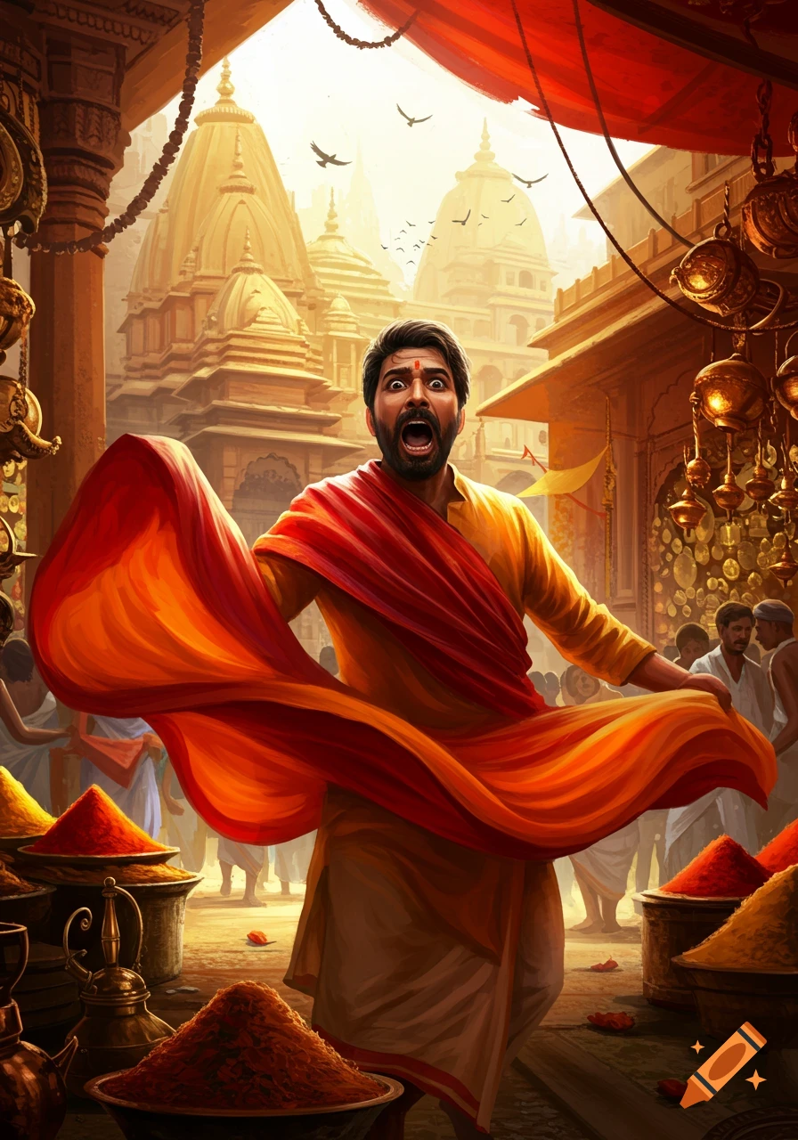 A man with a surprised expression in traditional Indian attire stands amidst colorful spice piles in a vibrant temple market.