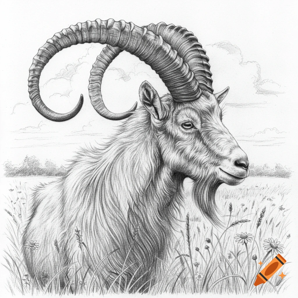 A detailed pencil drawing of a majestic goat with large curved horns and a beard, standing in a grassy field under a cloudy sky.