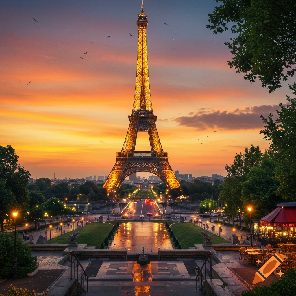Photorealistic view of the illuminated Eiffel Tower at sunset, seen from the Trocadero gardens with a vibrant orange sky.