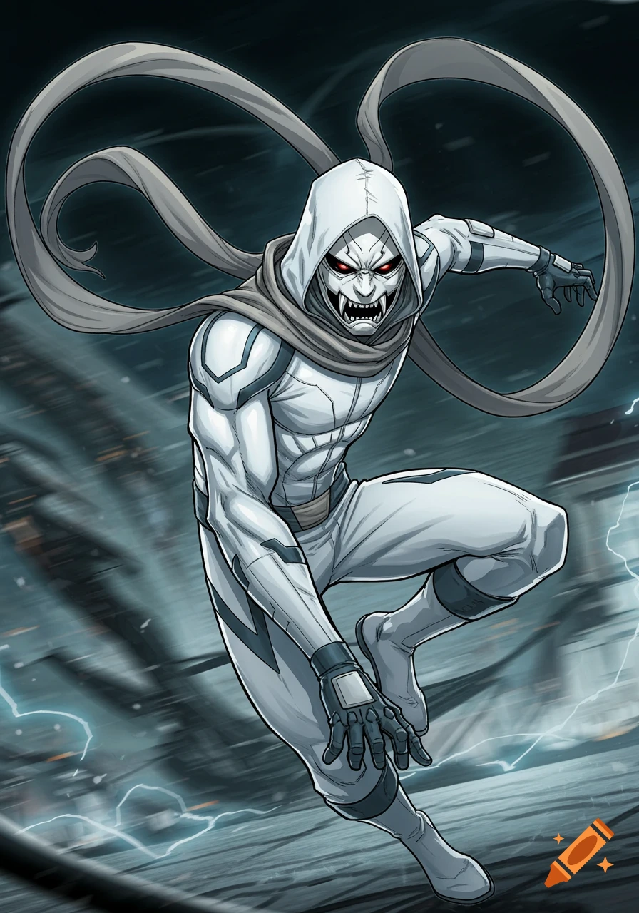 A white ninja-style superhero in a dynamic mid-combat pose, wearing a hood, flowing scarf, and a stylized oni mask with fangs, comic book art.