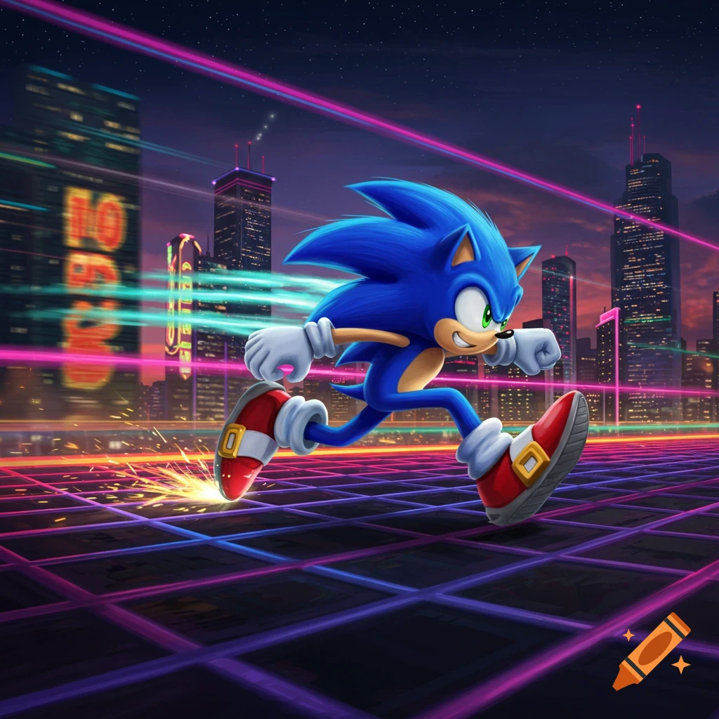 Sonic the Hedgehog runs at super speed on a neon grid road through a futuristic city at night, leaving a glowing trail.
