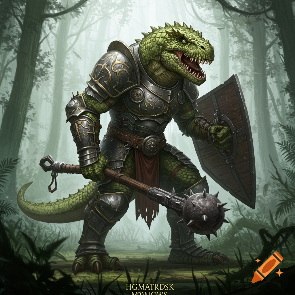 A fierce green lizard-man warrior in ornate dark armor, holding a spiked mace and shield in a misty forest.