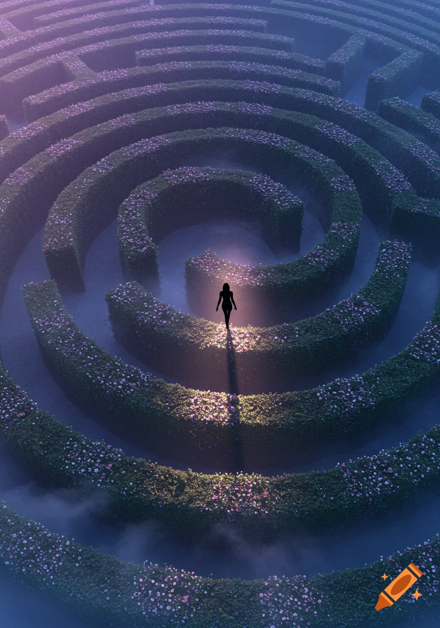A glowing silhouette of a person walks through a mystical, circular hedge maze shrouded in fog with pink flowers.