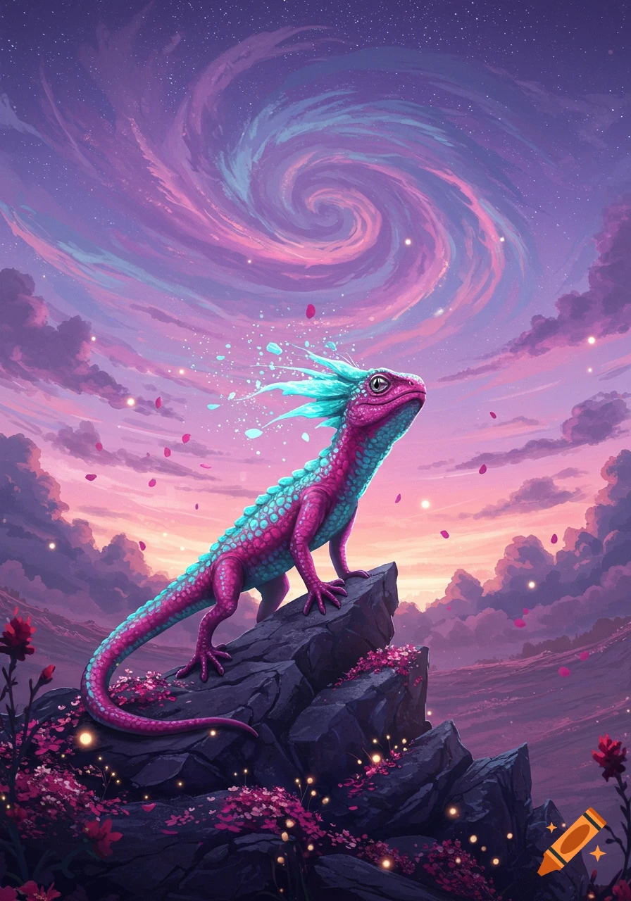 A vibrant pink and turquoise fantasy lizard stands on a rock under a swirling purple and pink sunset sky, surrounded by glowing particles.