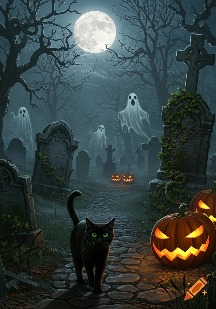 Spooky Halloween graveyard scene with a black cat walking on a path, glowing jack-o'-lanterns, and floating ghosts under a full moon.