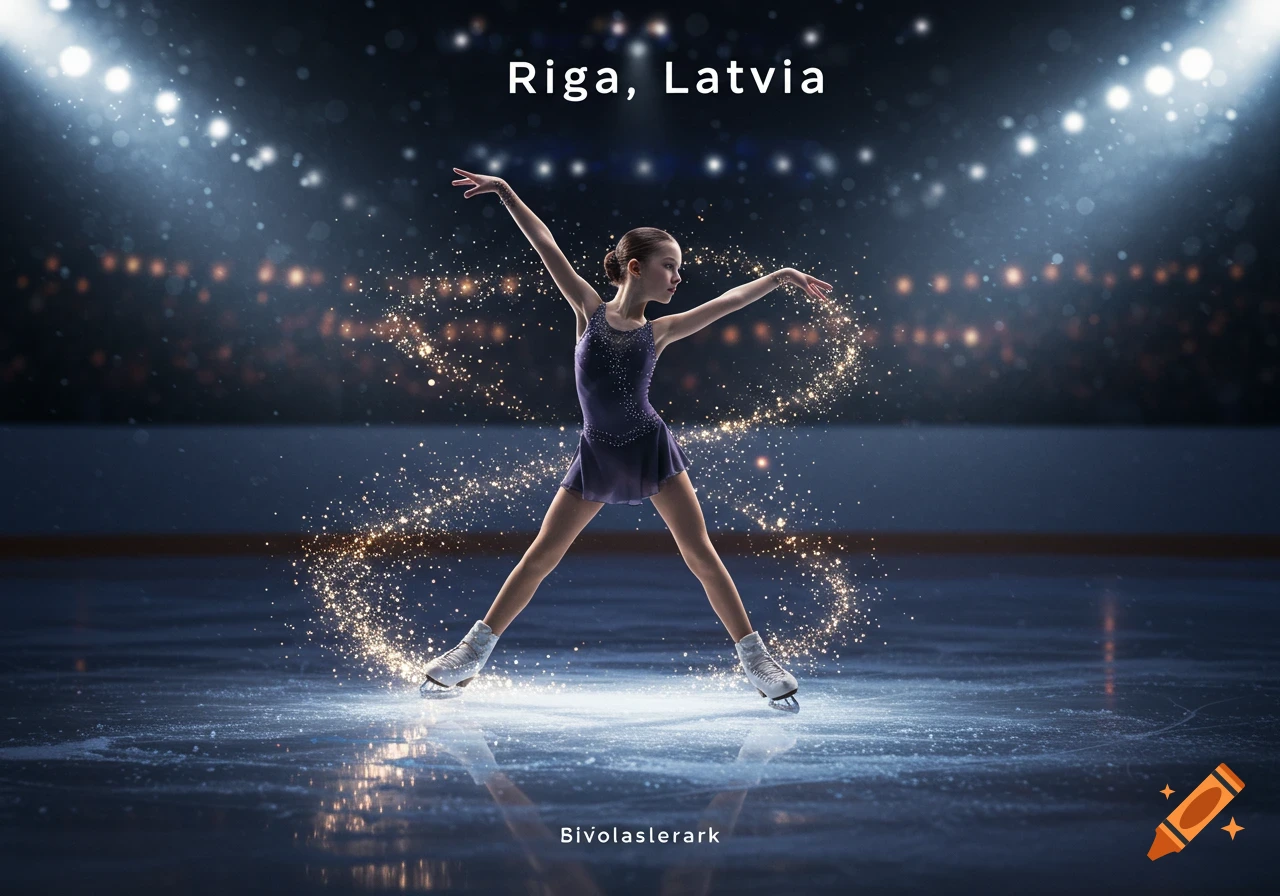 A young female figure skater in a purple costume with her arms outstretched, performing on an ice rink under stadium lights with magical golden sparkling effects around her. Text at the top reads "Riga, Latvia".