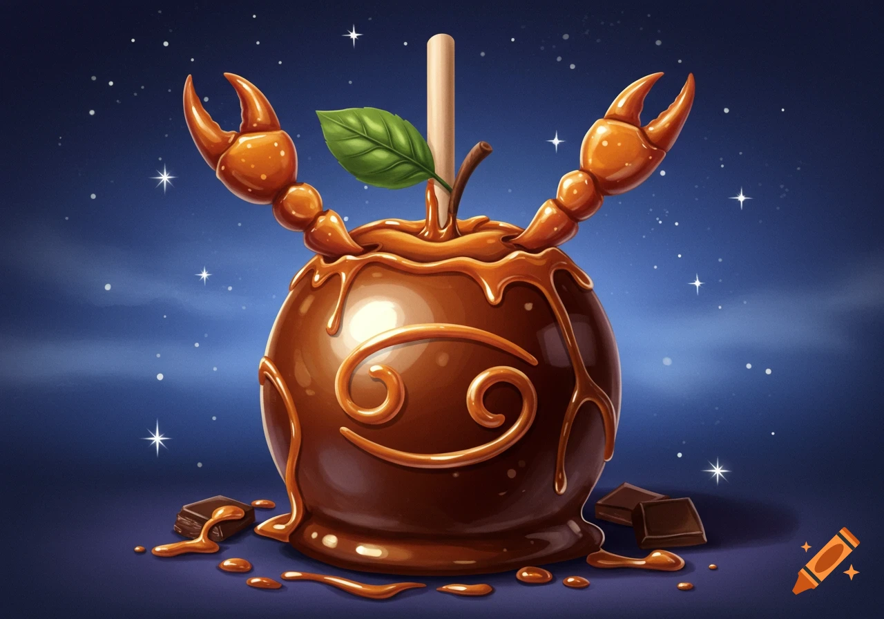 A stylized chocolate and caramel apple with crab claws representing the Cancer zodiac sign, against a starry night sky.