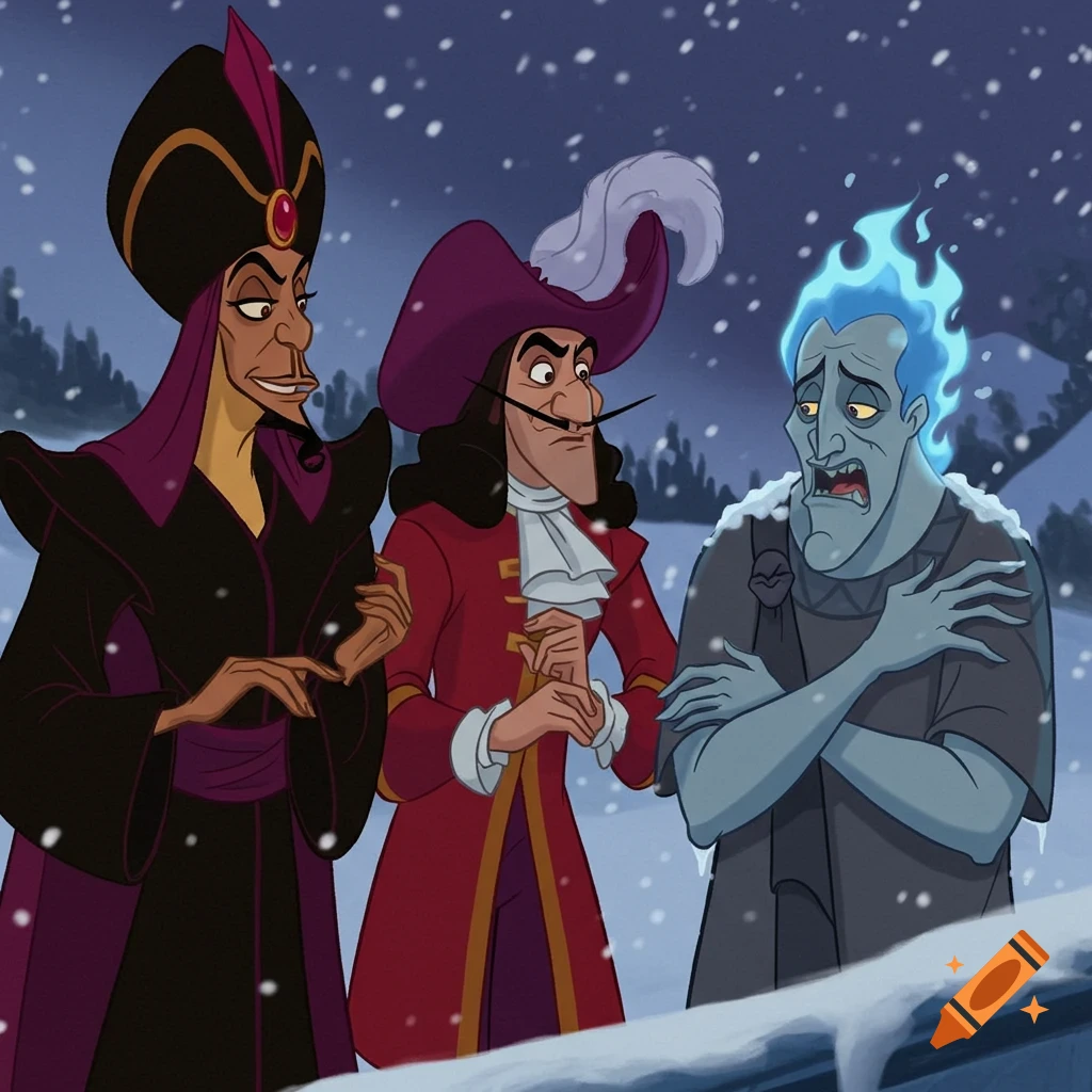 Cartoon of Jafar and Captain Hook looking concerned as Hades shivers and hugs himself in a snowy, freezing environment.
