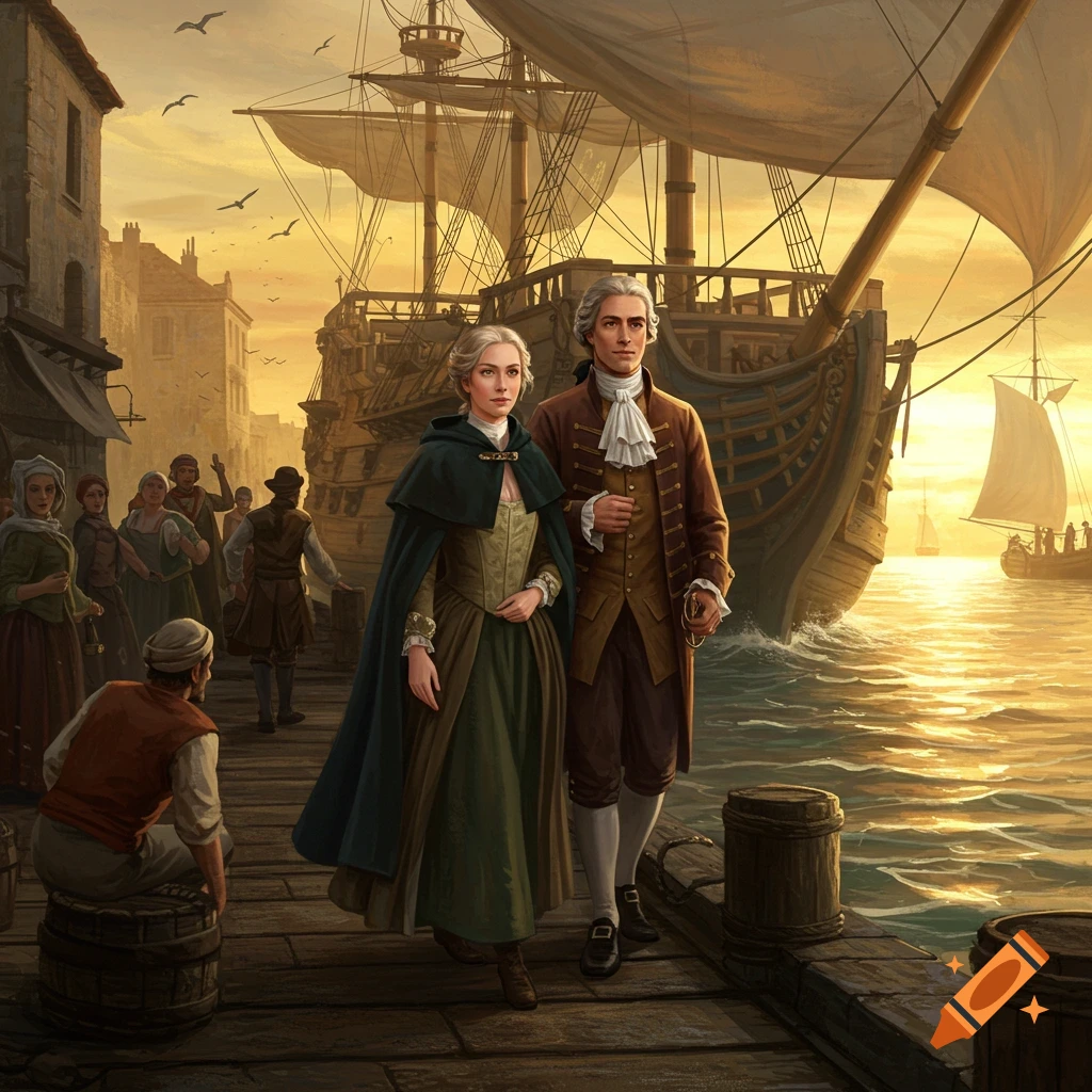 A man and woman in historical clothing walk along a wooden dock past other people, with large sailing ships and a golden sunset over the water.