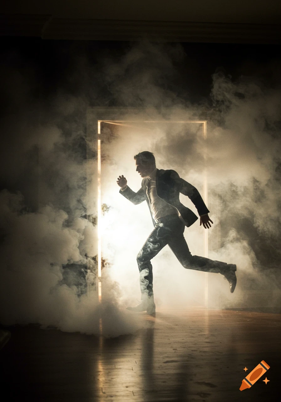 A man in a suit runs out of a brightly lit, smoke-filled doorway, casting a silhouette.