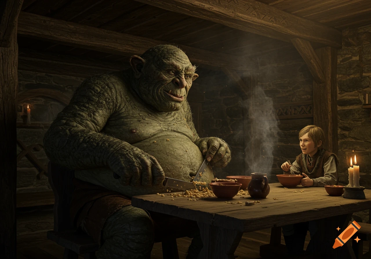 A large green troll cuts its belly, spilling porridge on a table next to a boy eating, in a rustic, candlelit room.