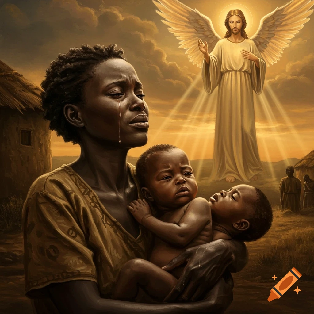 A crying Black woman holds two babies, with an angel and Jesus appearing in a dramatic, painterly sky.