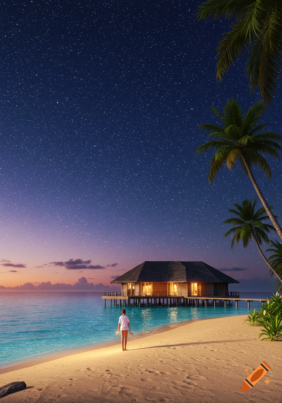 A person stands on a sandy beach facing a lit overwater bungalow under a starry night sky with palm trees.