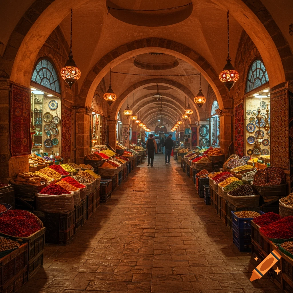An arched, dimly lit underground market aisle filled with baskets of colorful spices, with two people walking in the distance.