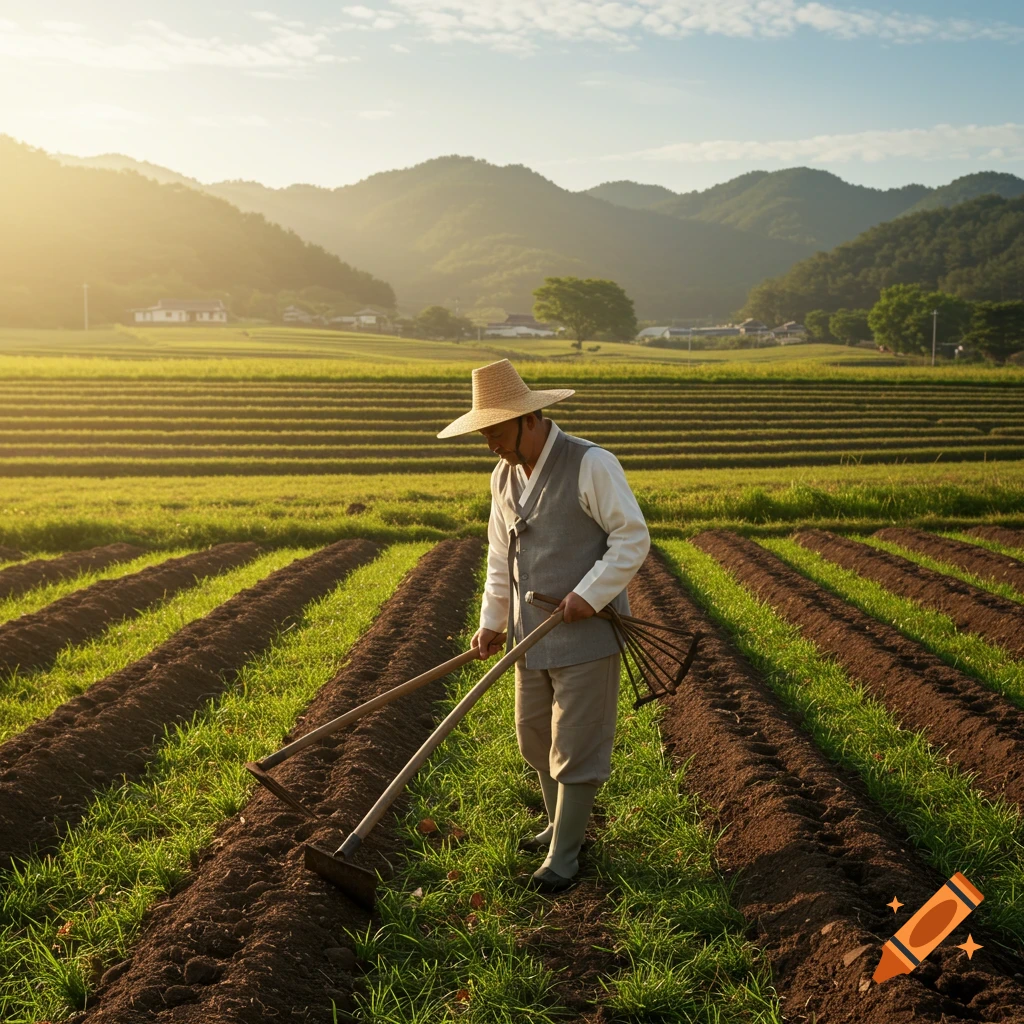 An adult man in a straw hat and traditional Korean clothing works a field with hand tools under warm sunlight, with mountains in the background.