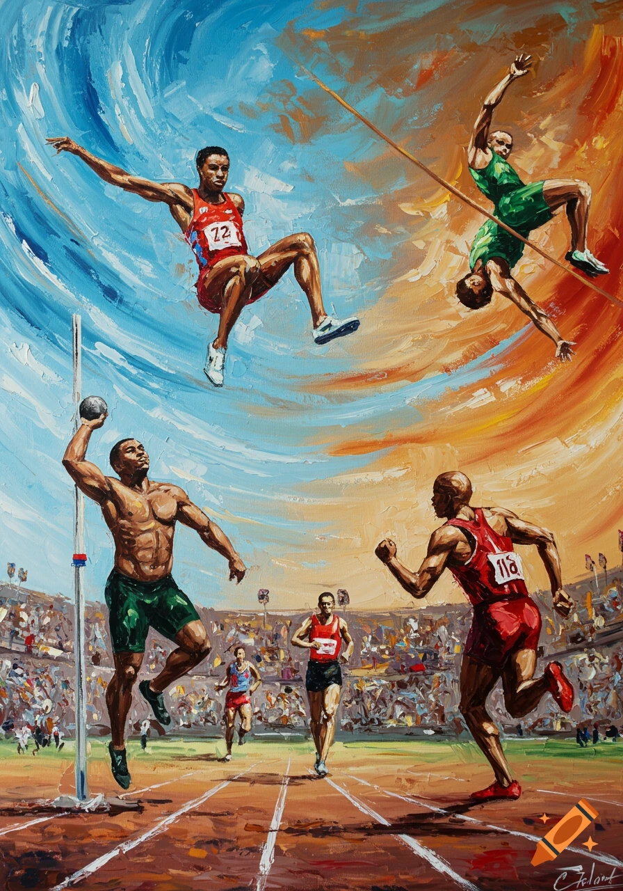 Abstract oil painting of multiple athletes performing track and field events: long jump, high jump, shot put, and running, in a stadium.