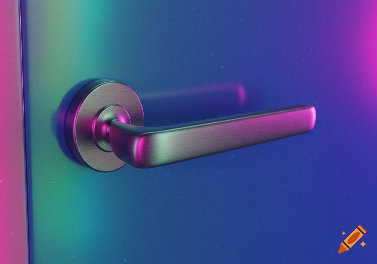A close-up of a brushed aluminum door handle on a blue door, illuminated by vibrant pink and teal neon light in a Y2K style.