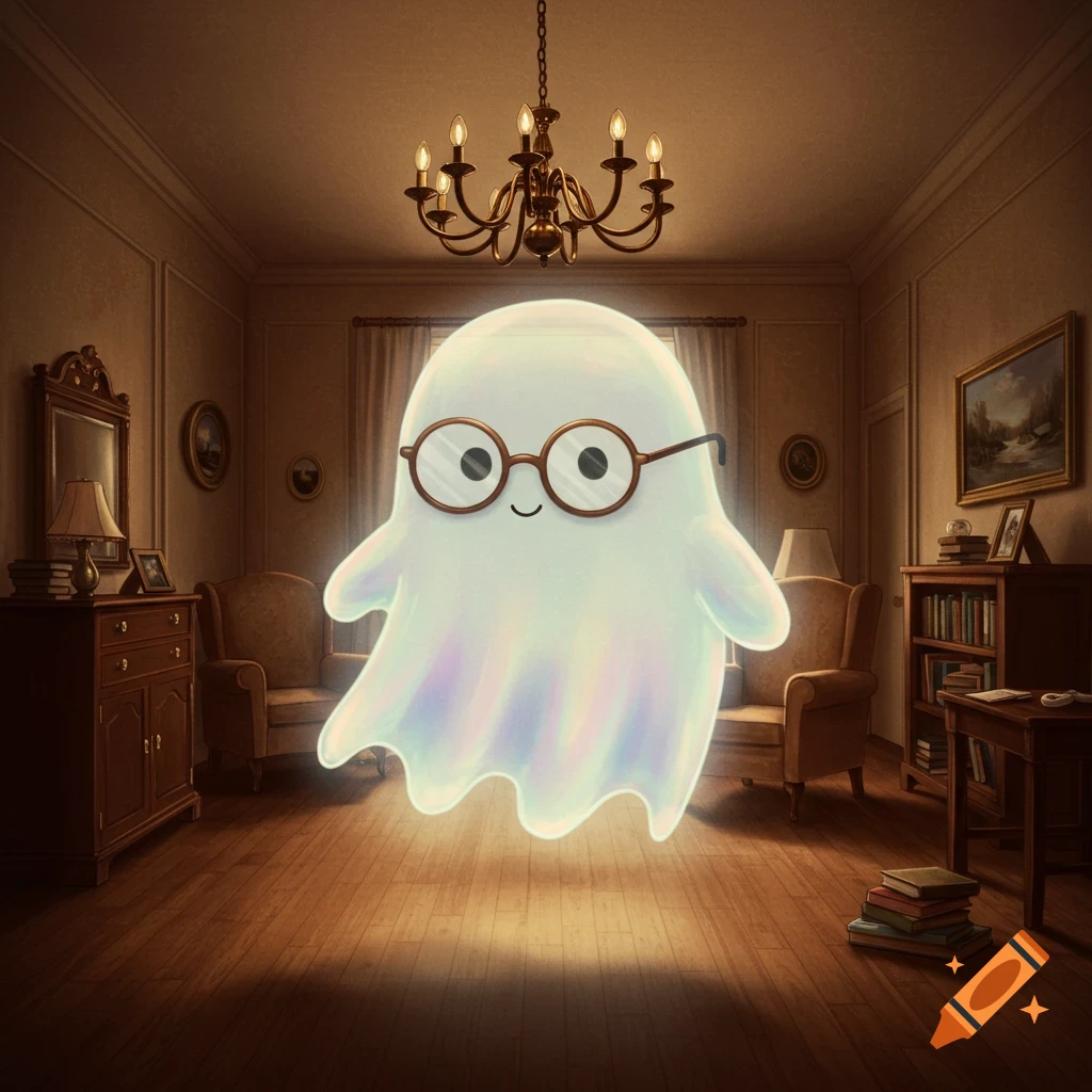 A cute, glowing cartoon ghost with round glasses floats in a dimly lit, antique room with a chandelier.