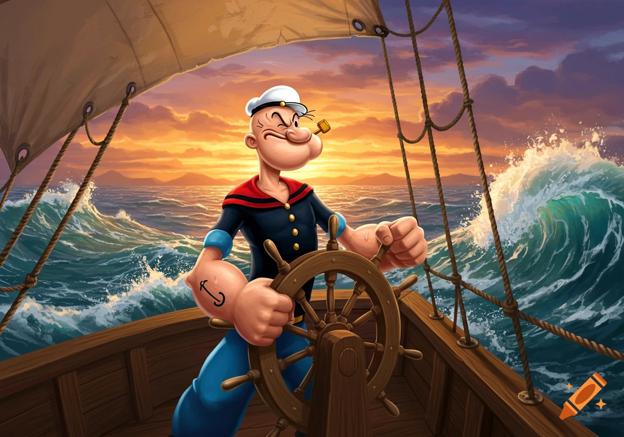 Vibrant cartoon illustration of Popeye the Sailor Man steering a boat on a rough sea at sunset.