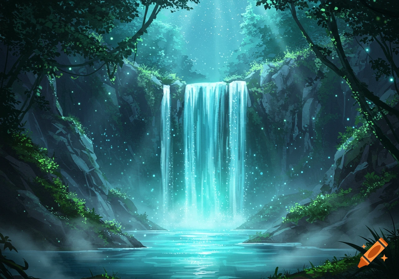 A stunning digital painting of a glowing magical waterfall cascading into a serene pool amidst a lush, dark green forest.