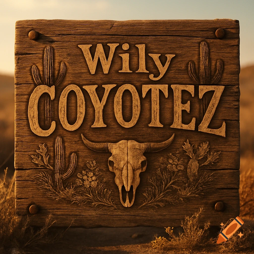A rustic wooden Western-themed sign carved with "Wily COYOTEZ", cacti, and a bull skull, set in a desert landscape.